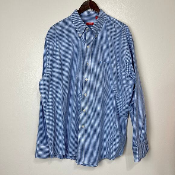 IZOD Gingham Shirt XL Mens Button Up Long Sleeves 100% Cotton Blue Check FLAW - Picture 8 of 12